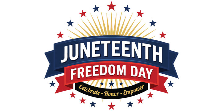 Juneteenth Freedom Day celebration emblem with stars, rays, and patriotic colors showing equality and empowerment concept artwork design illustration, flat vector illustration