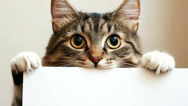 A curious cat peeks over a white surface, its bright eyes wide with wonder. The furry feline's paws rest gently on the edge. The background is plain, drawing attention to the animal.