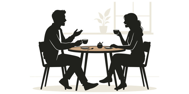 Silhouette of couple drinking coffee at round table showing conversation, relationship, and social interaction concept artwork design illustration, flat vector illustration