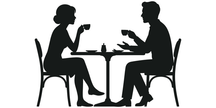 Silhouette of couple drinking coffee at table showing conversation, relationship, and social interaction concept artwork design illustration, flat vector illustration