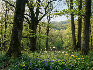 Fototapeta premium Forêt de feuillus avec grand arbre centenaire aux branches noueuses, sous-bois verdoyant et lumineux, lumière tamisée filtrant entre les troncs, paysage boisé serein et majestueux