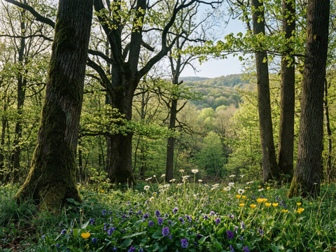 For&ecirc;t de feuillus avec grand arbre centenaire aux branches noueuses, sous-bois verdoyant et lumineux, lumi&egrave;re tamis&eacute;e filtrant entre les troncs, paysage bois&eacute; serein et majestueux