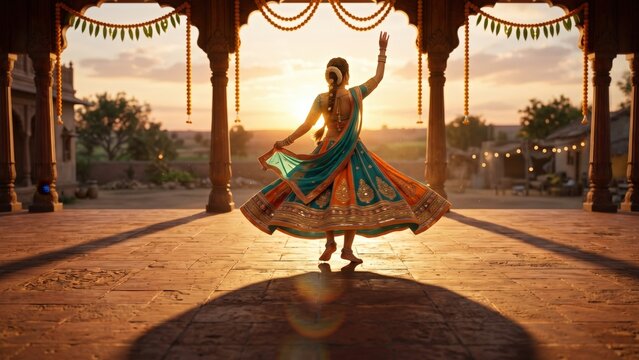 Gujarati Woman Dancing Garba At Golden Hour