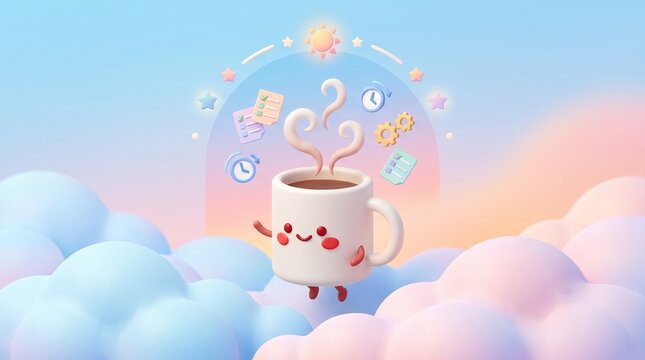 A cheerful cartoon coffee mug with red heart eyes and a smile floats on clouds with swirling steam and icons surrounded by a whimsical dreamy atmosphere at sunrise