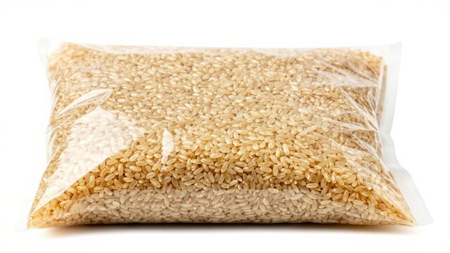 Unpolished Grain in Packaging: A clear plastic bag filled with uncooked brown rice, showcasing the natural texture and wholesome quality of the grain.