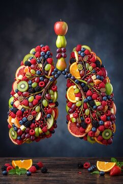 Human lungs made of fresh fruits symbolizing healthy nutrition concept