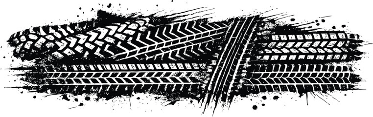 Naklejka premium Dirty tire tread marks with grunge rubber texture, black wheel tracks for car, bike, motorcycle, truck skid print and off road vector illustration