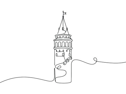Minimalist one line drawing of the Galata Tower in Istanbul Turkey showing its elegant architectural detail