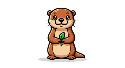 Fototapeta premium Cute Otter Holding Green Leaf, Cartoon Animal Character