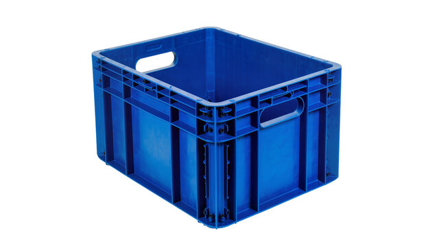 Blue plastic storage crate with handles