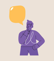 Boy makes silence gesture. Colorful vector illustration