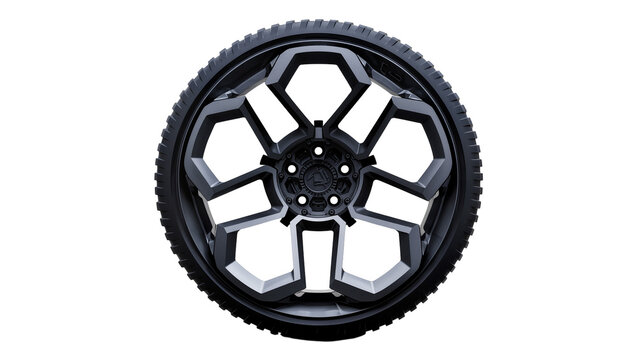 Black alloy car wheel with tire and geometric spokes