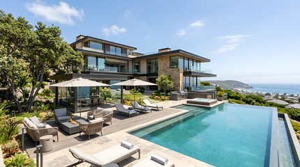 Fototapeta premium Luxury Modern Villa with Infinity Pool and Ocean View on Sunny Day