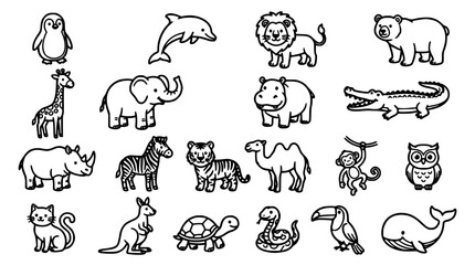 Obraz premium Animals Including Penguin, Dolphin, Lion, Bear, Giraffe, Elephant, Hippo, Crocodile, Rhino, Zebra, Tiger, Camel, Monkey, Owl, Cat, Kangaroo, Turtle, D