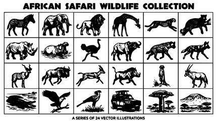 Fototapeta premium Wildlife Collection Featuring African Safari Animals in Black-and-White Vector Line Drawings, 24 Illustrated Icons Arranged in Grid