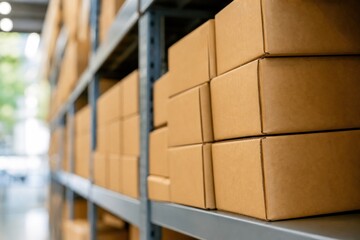Cardboard boxes stacked on metal shelves in modern warehouse, organized logistics distribution center, close-up view of package delivery and storage concept.