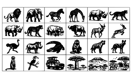 Animals and Safari Elements in Black and White Line Drawings Featuring Lion, Elephant, Zebra with Giraffe and Rhino Elements for Leopard, Hippo © Harun