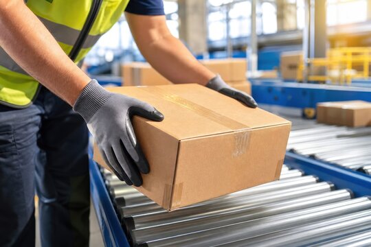 Warehouse worker wearing protective gloves lifting cardboard box on roller conveyor belt in modern distribution center, logistics and shipping concept