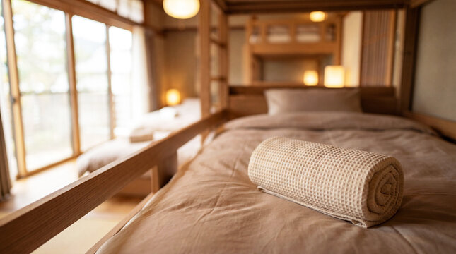 Clean folded towel on a hostel bed ready for guest arrival. Modern shared accommodation interior with bunk beds, hospitality service and traveler comfort concept.