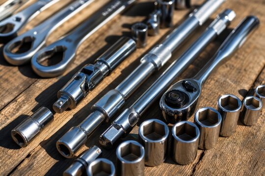 Chrome socket wrench set with ratchet handles and extension bars arranged on rustic wooden workbench in bright natural sunlight, professional mechanic tools concept