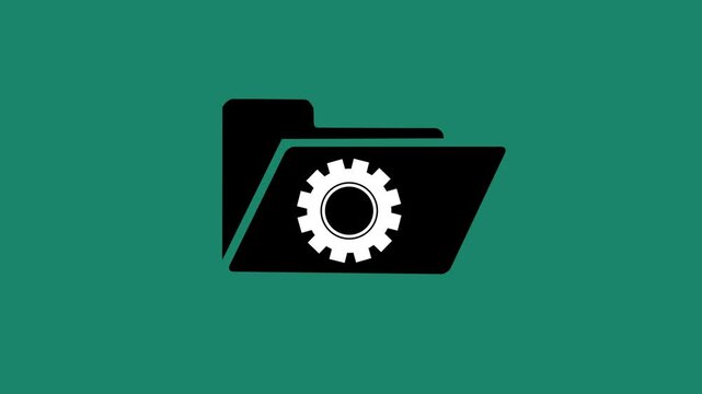 Black and white icon of a folder with a gear symbol inside representing settings or configuration options for data management animation on a black background,with 4k video animation.