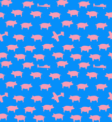 Naklejka premium Repeating pig silhouettes pattern on bright blue background