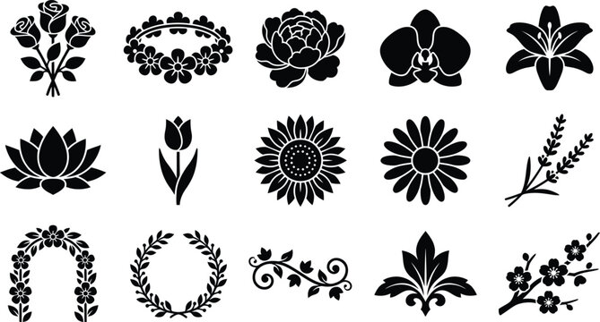Black and white of leaves, flowers, and plants, botanical collection