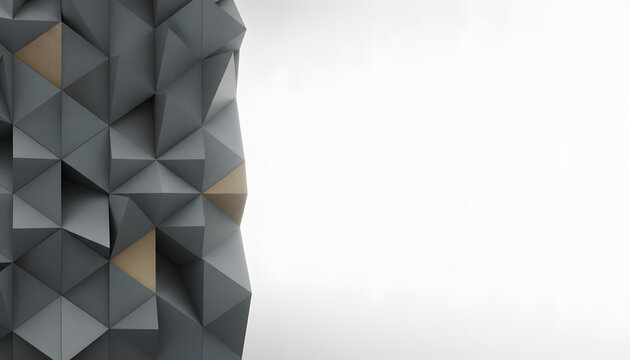 Premium abstract modern architectural facade background featuring a dense pattern of matte charcoal and ochre polygons with wide white copy space