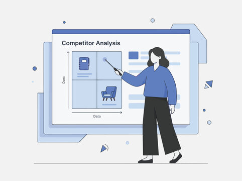 A woman with a pointer presents competitor analysis matrix with blue design elements and clean background