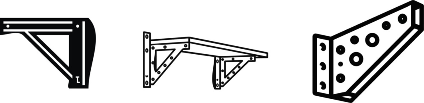 A minimalist flat vector icon of a heavy-duty industrial storage rack wall-mount steel structural angled bracket profile shape in black and white, featuring clean bold lines and clear contours