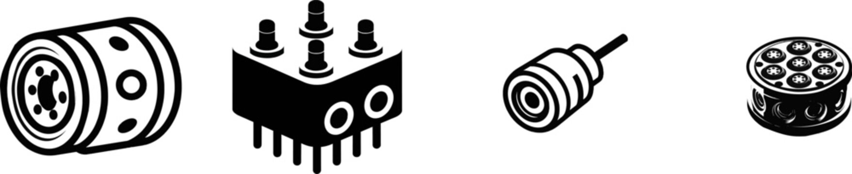 A minimalist flat vector icon depicts a heavy-duty automation machinery control signal multi-pin circular wire bulkhead electrical cable connector socket unit in black and white, showcasing clean