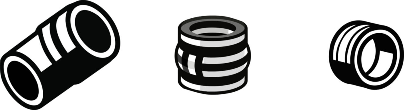 A minimalist flat vector icon of a heavy pipeline sleeve coupling joint in black and white, featuring clean bold lines and simple geometric shapes against a pure solid white background