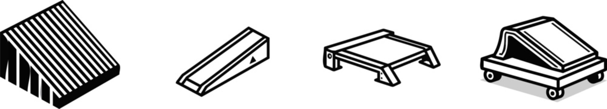 A minimalist flat vector icon of a heavy steel loading dock ramp lip plate in black and white features clean bold lines and simple geometric shapes against a pure solid white background