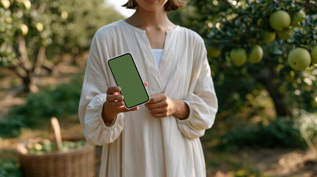 Social media story mockup on a phone screen held up by a food blogger standing in a u-pick orchard, rows of apple-laden trees receding behind, harvest light filtering through