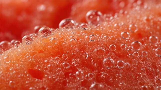 Extreme close-up of juicy watermelon flesh surface with water droplets and natural texture macro view
