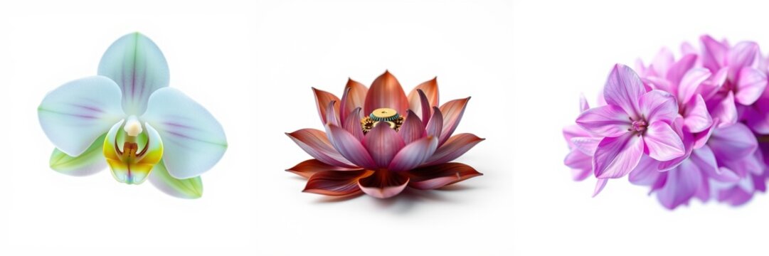 Floral arrangement showcases orchid, lotus, jacinth. Delicate petals, vibrant colors, simple composition. Beautiful botanical display.