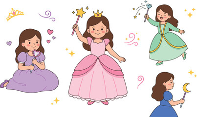 Cute Little Princess Girl Character Set Wearing Royal Gowns with Magic Wands and Crowns for Kids Birthday Invitations and Nursery Graphics © Ajad