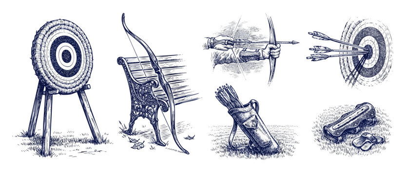Archery bow and arrow target set with vintage hand drawn engraving illustrations of quiver, arms shooting, and gear on grass, presenting a traditional sports concept for outdoor activity design.