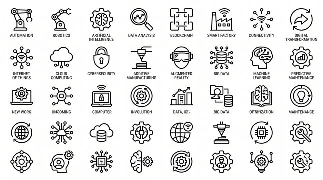 A sleek grid of futuristic AI icons, symbolizing robotics, neural networks, cloud computing, and digital innovation, weaving technology, security, and human progress into tomorrow&rsquo;s connected world.