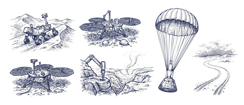 Space rover lunar lander sketch traversing alien planet surface. Vintage engraved scientific illustration of space exploration equipment featuring parachute drops, geological drilling, cosmic discover