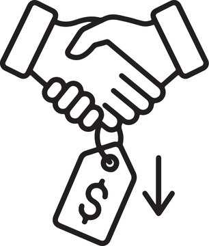 Handshake icon with dollar tag and down arrow for business discount, price negotiation, and cost reduction agreement