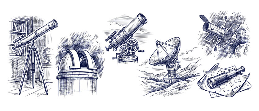 Astronomy telescope observatory sketch set featuring space satellite, radio antenna dish, vintage spyglass, and star map drawings for science education, research, and cosmic universe exploration.