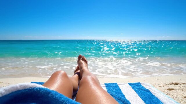 Relaxing at the Beach: Enjoying the Warm Sunshine and Gentle Waves While Lounging on a Towel by the Tranquil Ocean Shoreline