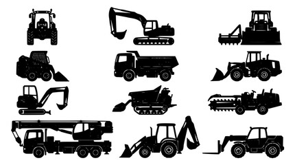 Tractor Vector Icons Set with Different Silhouettes, Construction Vehicles and Equipment for Industrial and Farming Themes © Harun