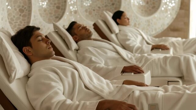 A serene spa setting features three individuals in plush white robes reclining on sleek lounge chairs, eyes peacefully closed, bathed in soft, diffused light, promoting relaxation and rejuvenation.