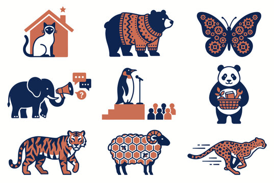 Set of stylized animal icons with geometric patterns and humanlike activities