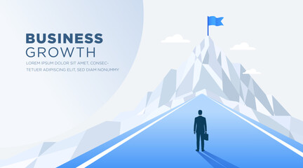 Business growth success roadmap mountain concept with businessman walking toward a flag on the summit. Modern corporate presentation banner symbolizing leadership, ambition, achievement, © StudioPixel2