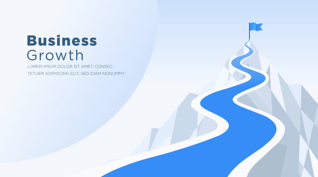 Business growth success roadmap mountain concept vector banner with winding path leading to a flag on the peak. Modern corporate presentation background symbolizing achievement, strategy, leadership,
