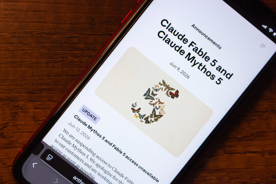 Mexico City, MEXICO - Jun 16 2026 : Smartphone showing an Anthropic announcement page for Claude Fable 5 and Claude Mythos 5 with update notice suspending access to both AI models.