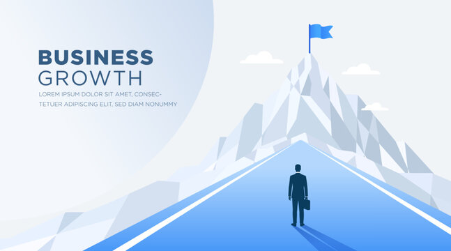 Business growth success roadmap mountain concept with businessman walking toward a flag on the summit. Modern corporate presentation banner symbolizing leadership, ambition, achievement,